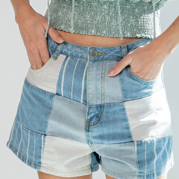 easel Pants - 501 EASEL Blue Color Block Patchwork Denim Shorts S/M/L